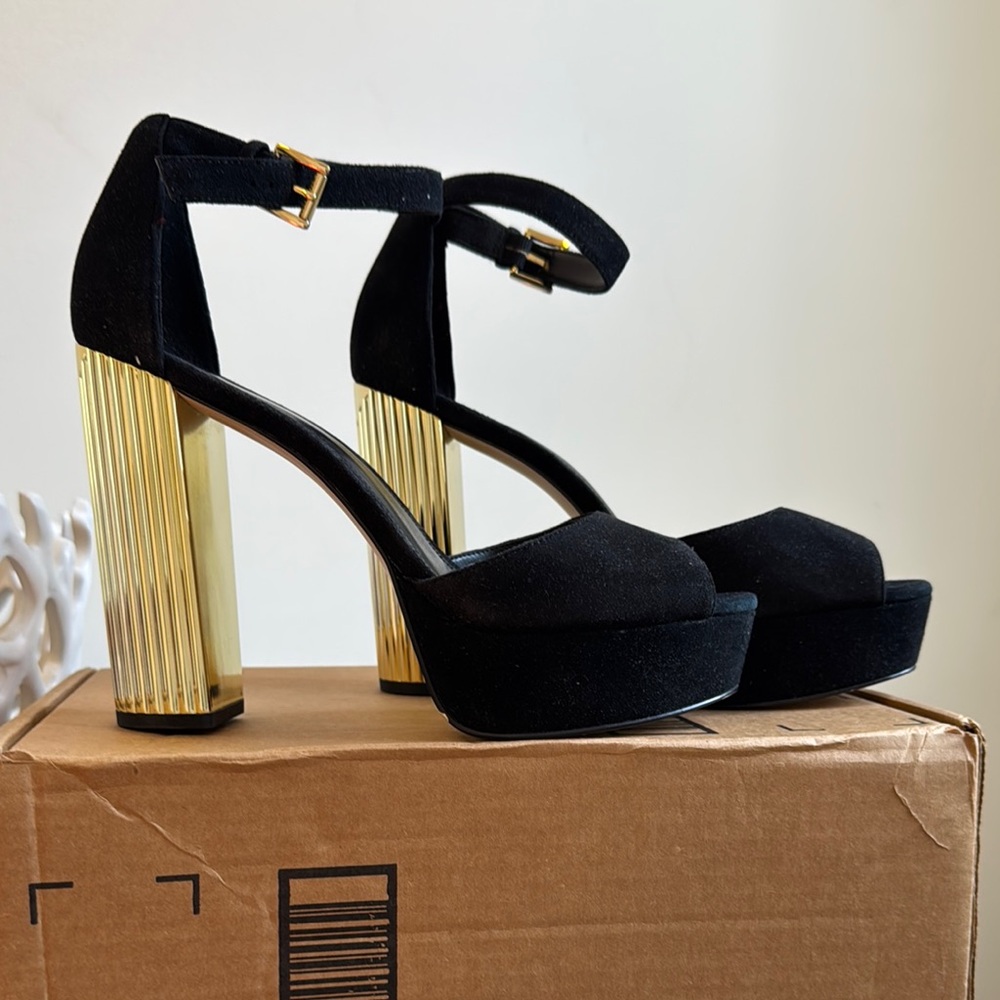 Black Platform Block Heel Sandals with Gold Column Heel